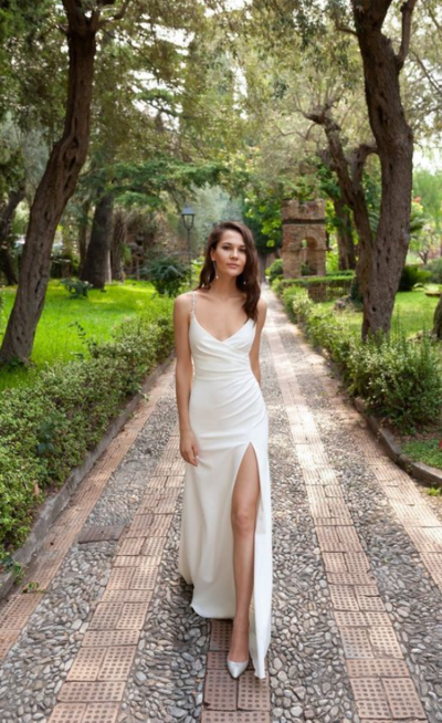 Mermaid V Neck Soft Satin Wedding Dresses with Split