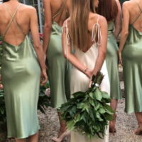 Sheath Cowl Neck Silk Satin Tea Length Bridesmaid Dresses - Thumbnail 1