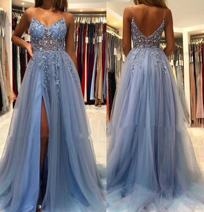 Spagehtti Straps Prom Dresses with Rhinestones