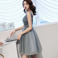 Gray tulle beads short prom dress fashion dress - Thumbnail 3