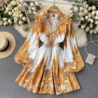 Retro Print Design Sense V-Neck Bubble Long-Sleeved Buttoned Dress - Thumbnail 1