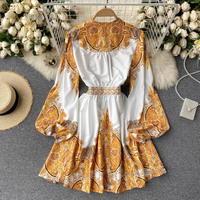 Retro Print Design Sense V-Neck Bubble Long-Sleeved Buttoned Dress - Thumbnail 2