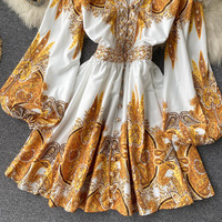 Retro Print Design Sense V-Neck Bubble Long-Sleeved Buttoned Dress - Thumbnail 3