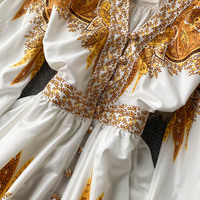 Retro Print Design Sense V-Neck Bubble Long-Sleeved Buttoned Dress - Thumbnail 4