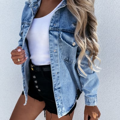 Fashion loose plus size ripped long-sleeved denim jacket