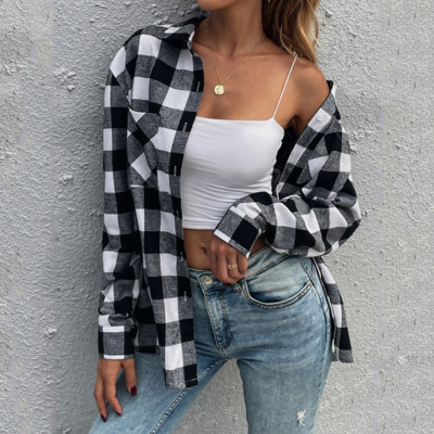Women's plaid cardigan long sleeve casual top shirt - Thumbnail 2