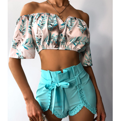 One-Shoulder Print Shorts Two-Piece Set