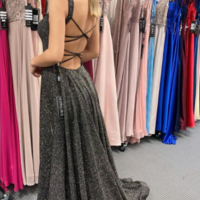 Glitter A-Line Black Sparkly Satin Long Prom Evening Dresses with Cross Back - Thumbnail 1