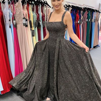 Glitter a-line black sparkly satin long prom evening dresses with cross back