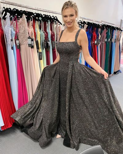 Glitter A-Line Black Sparkly Satin Long Prom Evening Dresses with Cross Back