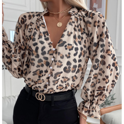 Leopard print long sleeve chiffon top