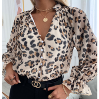 Leopard Print Long Sleeve Chiffon Top - Thumbnail 1