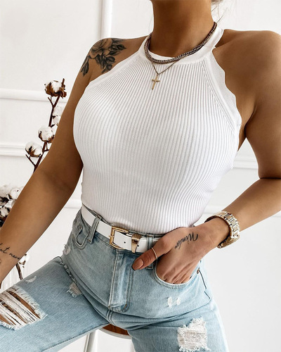 Solid Color White Vest Shirt Tops