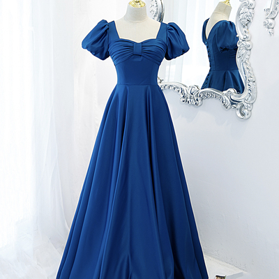 Blue satin long a line prom dress blue evening dress