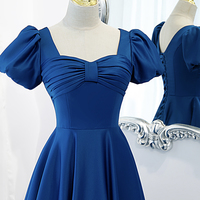 Blue Satin Long A Line Prom Dress Blue Evening Dress - Thumbnail 1