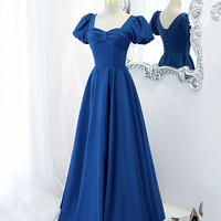 Blue Satin Long A Line Prom Dress Blue Evening Dress - Thumbnail 3