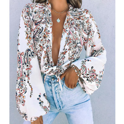 Women's Long Sleeve Bat Sleeve Printed Chiffon Shirt