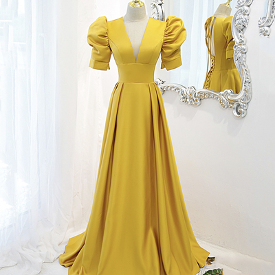 Yellow satin long a line prom dress evening dress - Thumbnail 3