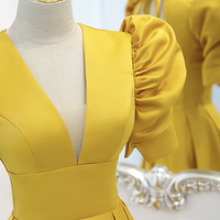 Yellow satin long A line prom dress evening dress - Thumbnail 1