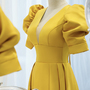 Yellow satin long A line prom dress evening dress-2