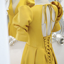 Yellow satin long A line prom dress evening dress-3