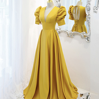 Yellow satin long A line prom dress evening dress - Thumbnail 4