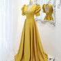 Yellow satin long A line prom dress evening dress-4