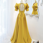 Yellow satin long A line prom dress evening dress-1