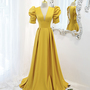 Yellow satin long A line prom dress evening dress-2