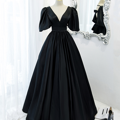 Black v neck satin long a line prom dress evening dress - Thumbnail 3