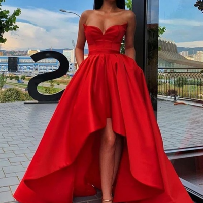 Sweetheart red high low prom dress, evening dress - Thumbnail 3