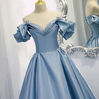 Shiny satin long A line prom dress blue evening dress - Thumbnail 1