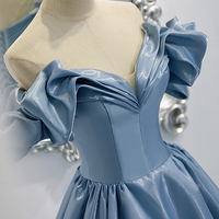 Shiny satin long A line prom dress blue evening dress - Thumbnail 2