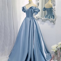 Shiny satin long A line prom dress blue evening dress - Thumbnail 3