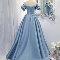 Shiny satin long A line prom dress blue evening dress - Thumbnail 4