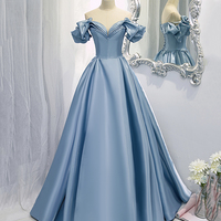 Shiny satin long A line prom dress blue evening dress - Thumbnail 6
