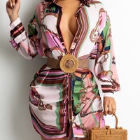 Irregular Casual Print Long-Sleeved Dress - Thumbnail 1