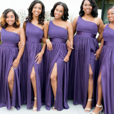 One shoulder purple bridesmaid dresses with split - Thumbnail 1