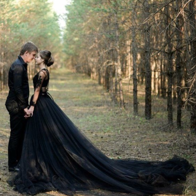 V neck black lace wedding dresses for bridal - Thumbnail 2