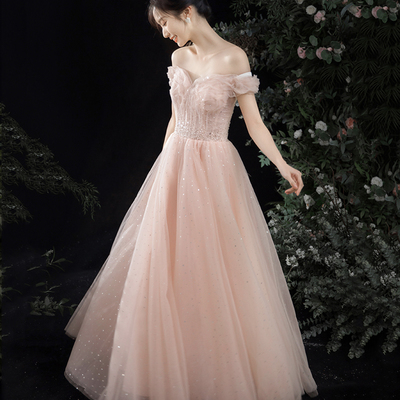 Pink tulle long a line prom dress pink evening dress - Thumbnail 3