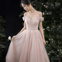 Pink tulle long A line prom dress pink evening dress - Thumbnail 3