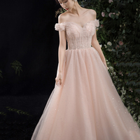 Pink tulle long A line prom dress pink evening dress - Thumbnail 4