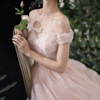 Pink tulle long A line prom dress pink evening dress - Thumbnail 5