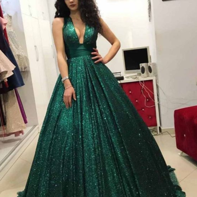 Beauty sparkly sequins dark green v-neck prom dress - Thumbnail 1