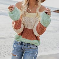 Loose Striped Long-Sleeved Knitted Sweater - Thumbnail 1