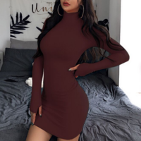 Slim Sexy High-Necked Long-Sleeved Package Hip Dress - Thumbnail 1