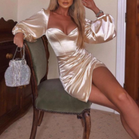 Temperament Solid Color Pink Wrap Chest Open Back Puff Sleeve Dress - Thumbnail 1