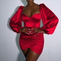 Temperament Solid Color Pink Wrap Chest Open Back Puff Sleeve Dress - Thumbnail 2