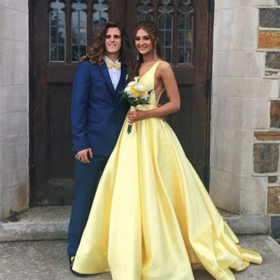 Charming a-line yellow satin prom dress - Thumbnail 2