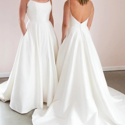 Mermaid scoop neck satin wedding dresses with pockets - Thumbnail 4